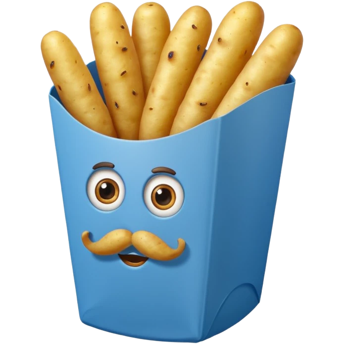 long slim fried potatoes in a blue carton, carton has eyes and mustache emoji