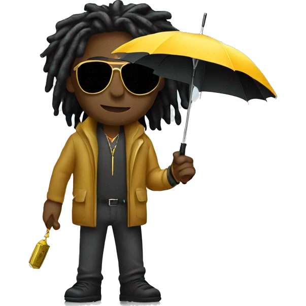 Black male with dreadlocks wearing gold sunglasses holding an umbrella for the rain but instead of rain its money  emoji