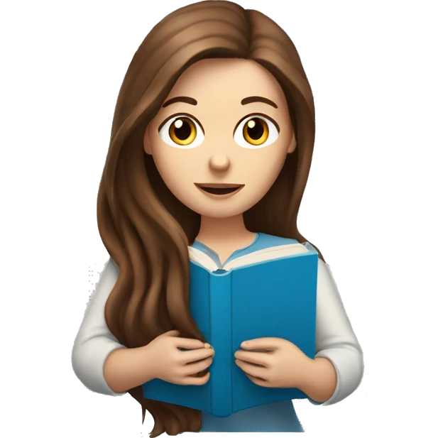 White woman with long brown hair and blue eyes reading a book emoji