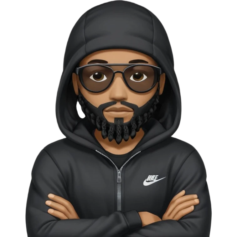 African American man with shoulder length black dreadlocks with black beard wearing black sunglasses wearing a black ski mask covering face wearing a Nike hoodie with his arms folded across chest emoji