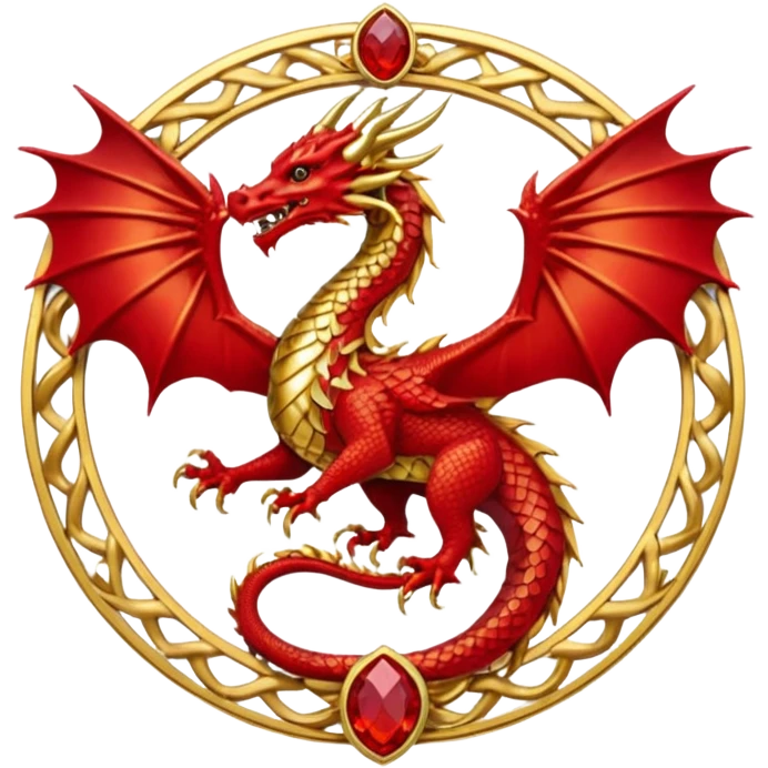 Golden Dragon with wings crest/brosch in a circle with red gems emoji