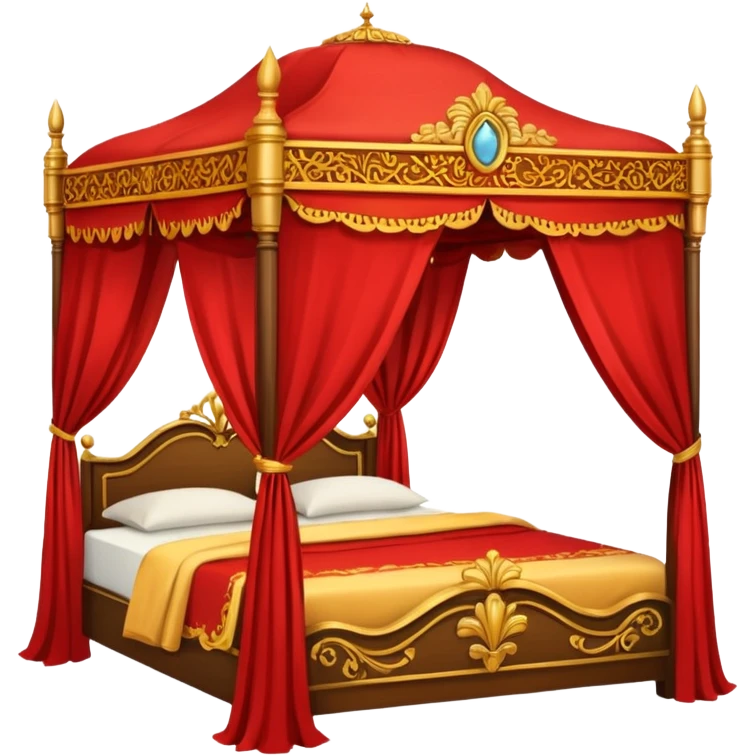 bed with red and gold sheets, wooden, canopy emoji