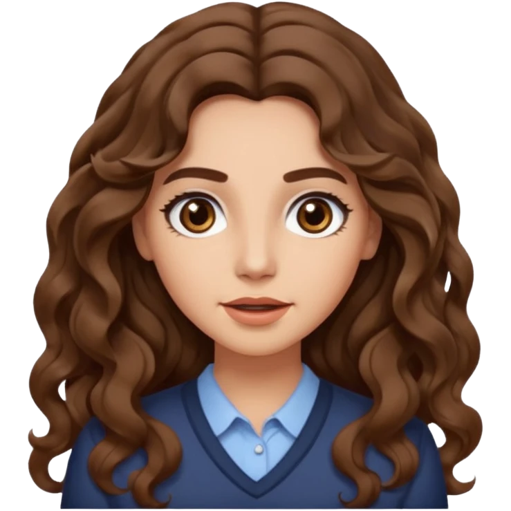 She has long, brown hair styled in soft wavy curls with a middle part. She has well-shaped eyebrows and dark brown eyes. She is wearing light makeup that highlights her natural beauty and is offering a slight smile to the camera. She is surprise emoji