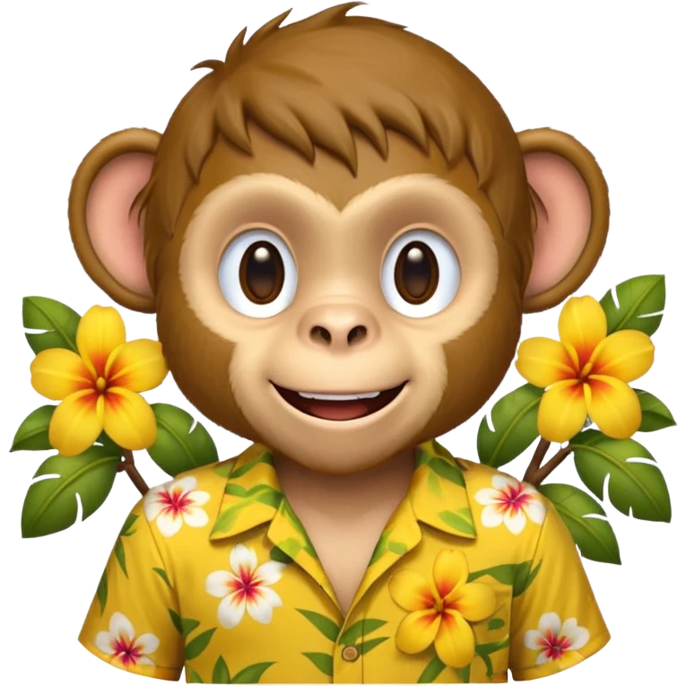 Monkey – cheeky grin, wearing yellow floral aloha shirt. emoji
