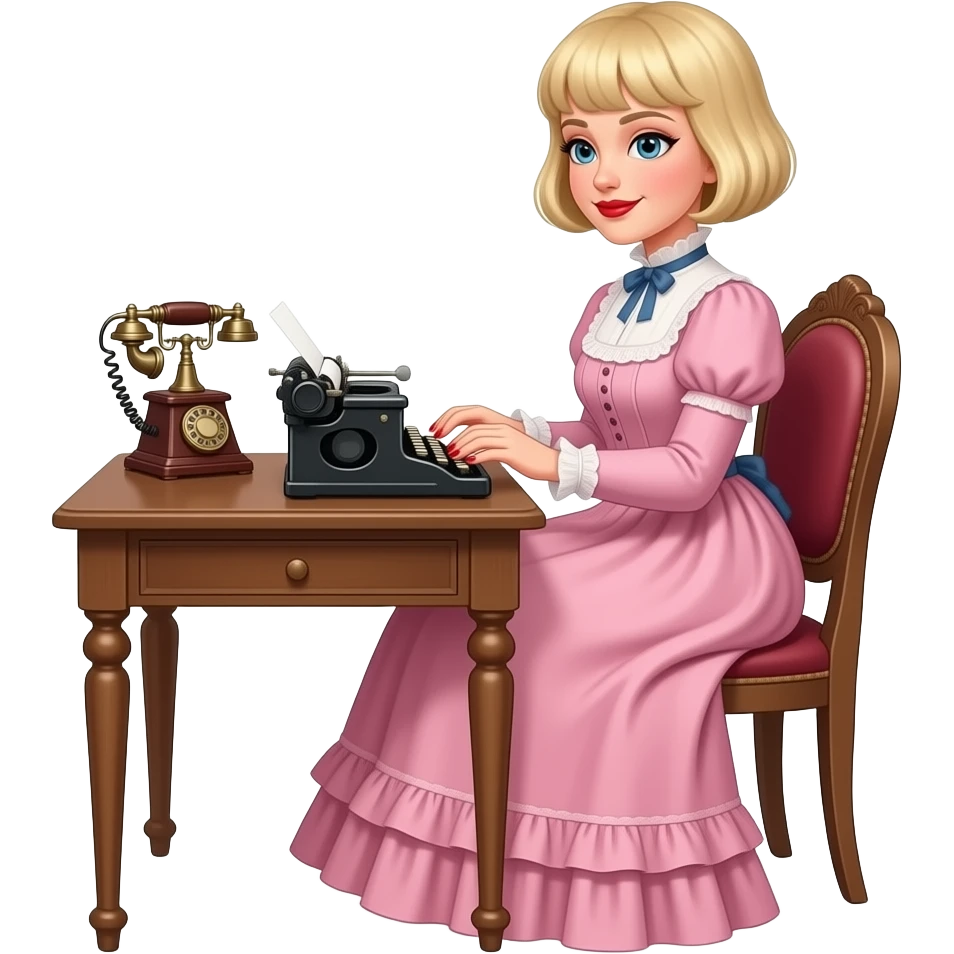 short blonde curly pixie bob hair in a 1800 pink outfit sitting down an antique desk with four wood legs, antique phone, and typing on an antique typewriter with red lipstick, red finger nails and in a Victorian setting emoji