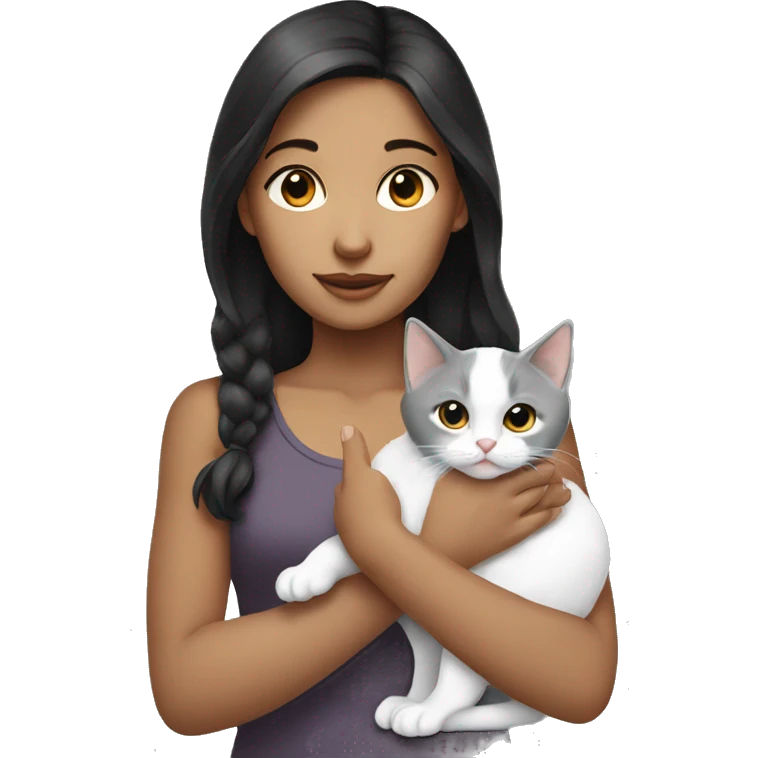 A dark-haired girl is holding a gray white kitten emoji