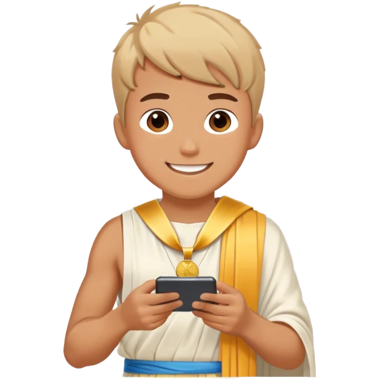 i like something like this 😊🎮, a cute boy plating in his phone smiling and enjoying the game while wearing a medal or toga for graduation emoji