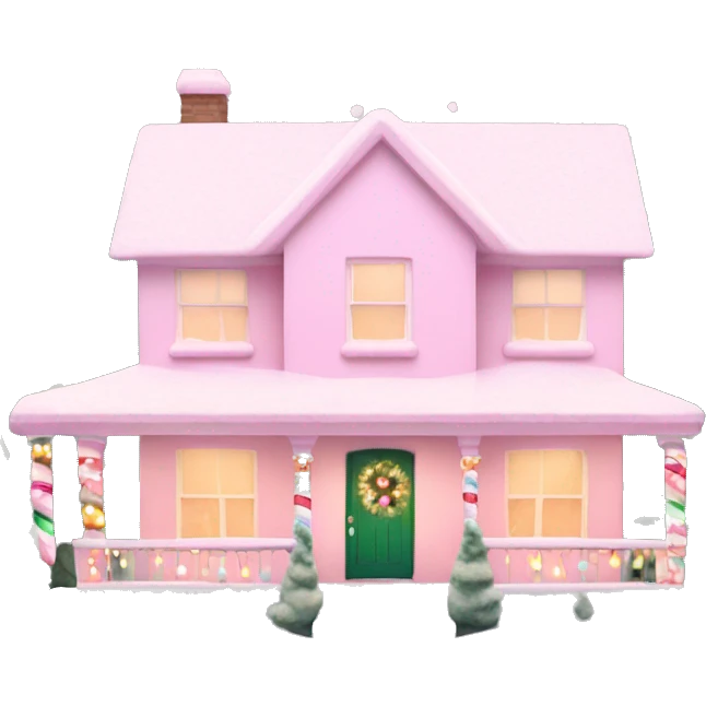 Pastel pink Christmas house with Christmas lights and evergreen trees emoji