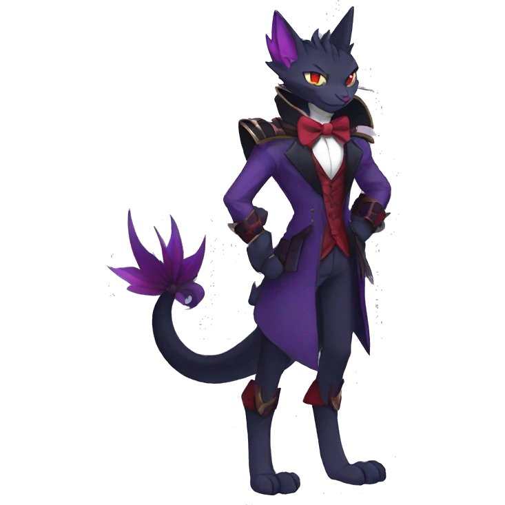 cool anthro evil black purple red ethereal fantasy nargacuga-Noivern-cat-Fakemon collar harness bow tie and bracers full body emoji