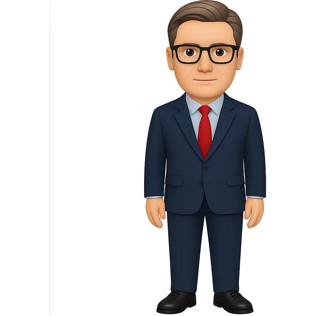 Create a full body figure of Keir Starmer standing confidently with glasses, keeping the background transparent. Maintain the emoji style and appearance from the reference image. emoji