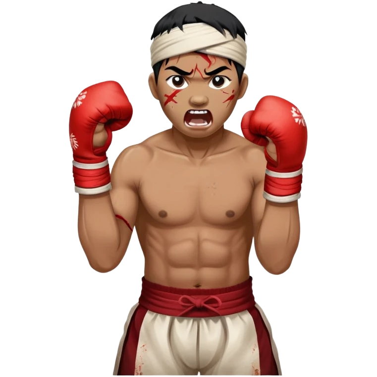 A traditional Lethwei fighter with wrapped bare fists and a traditional Burmese headband (gaung baung), shouting with fierce intensity, blood mark on glove, gritty and raw appearance, Burmese boxing emoji