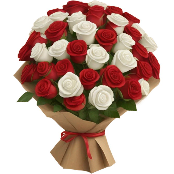 Rose bouquet wrapped in brown paper, red and white roses emoji