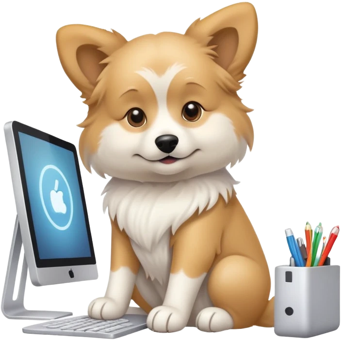 light-colored dog sitting at a computer creating a design emoji
