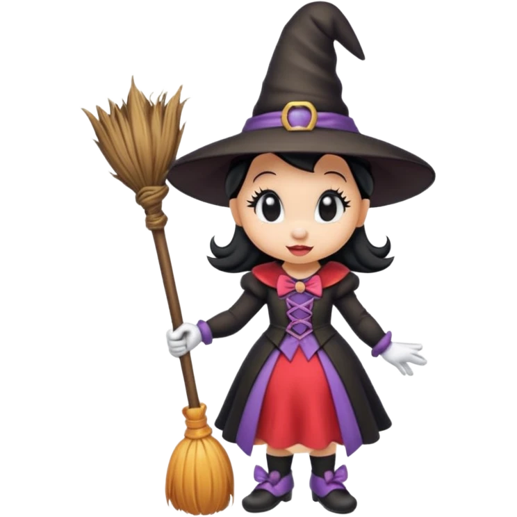 
Minnie mouse as a witch (hat + broom)  cartoon -style/cute and transparent for a sticker emoji