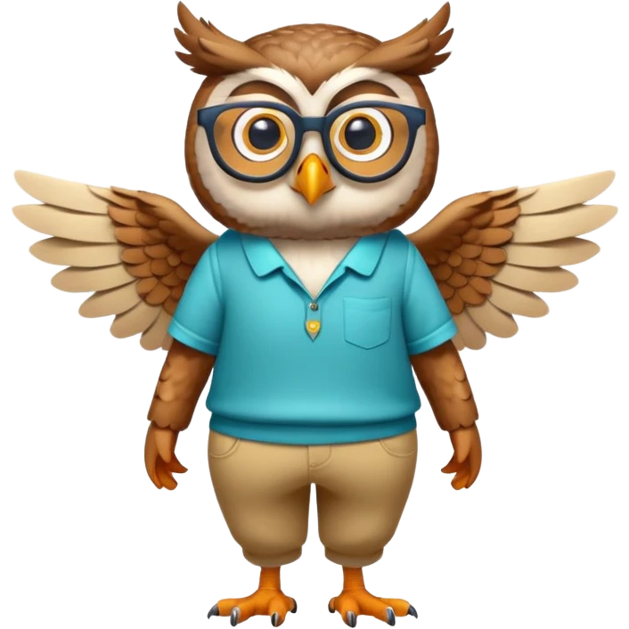 friendly anthropomorphised owl with wings instead of arms, colourful pants and shirt, wearing glasses, walking upright, unique pose 1 emoji