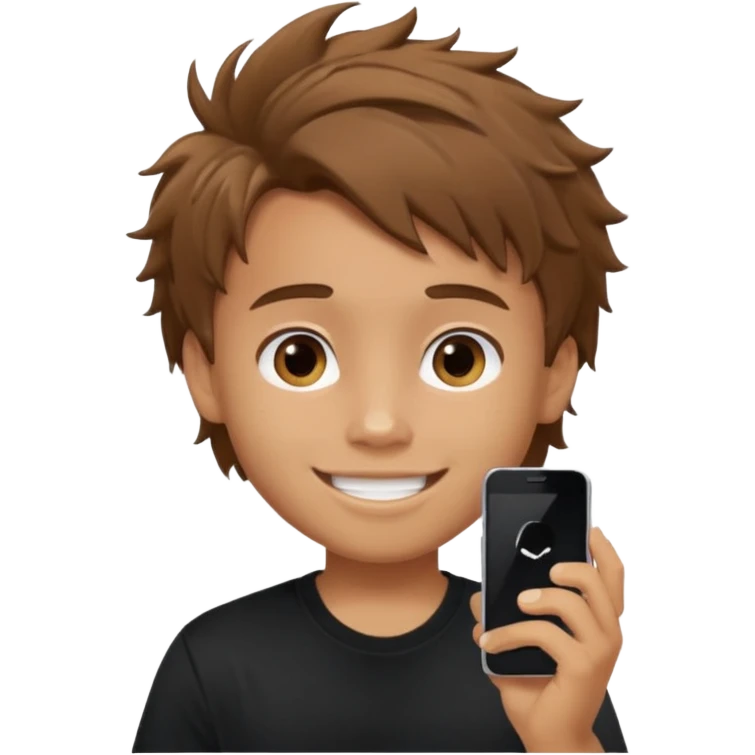 generate a pretty tan bratz boy with brown messy hair smiling while talking on call. Wearing a black tshirt emoji