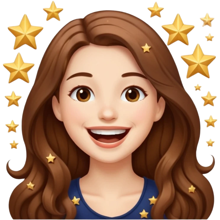 woman with long brown hair laughing with stars and sparkles, light beige emoji