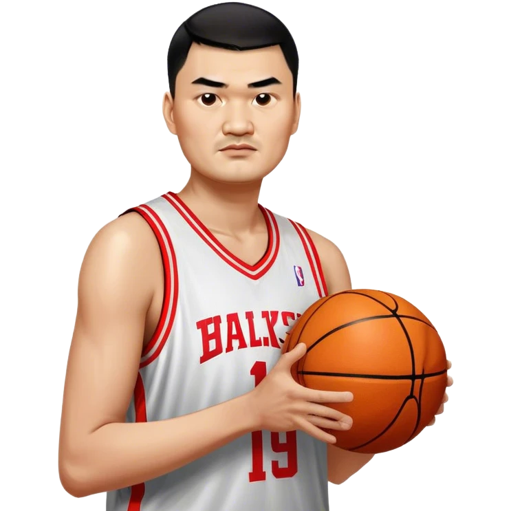 Yao Ming – Cinematic Realistic Portrait of Yao Ming, depicted as a towering basketball icon in a modern uniform, with a gentle yet determined expression and dynamic arena lighting that highlights his immense stature and graceful athleticism. emoji