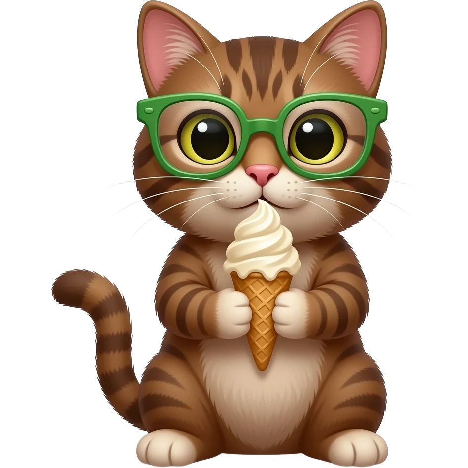 brown cat hold ice cream cone green scope sitting pose front view remove this brown cat extra hand and hold icde cream with two hands and remove green glasses emoji