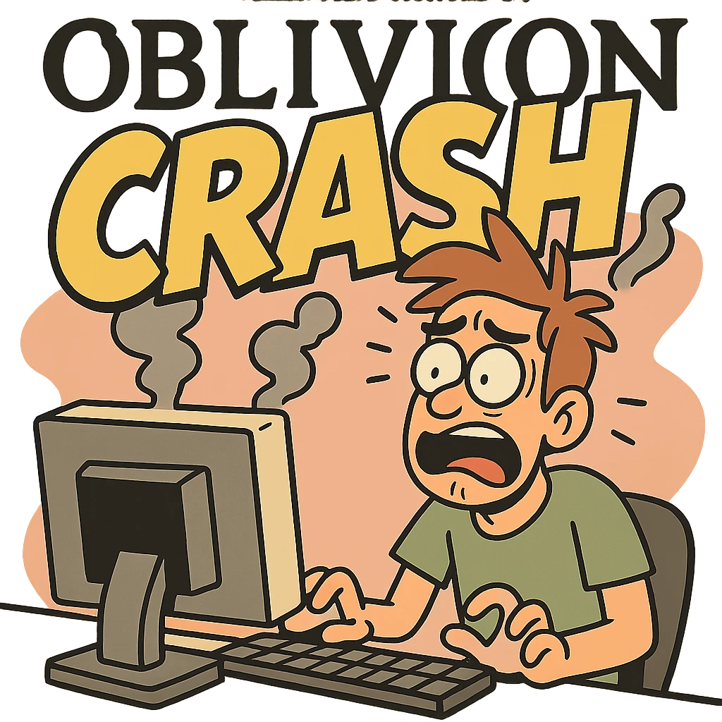Oblivion logo bold and graphic with 'crash' overlay in large text, flat toon style emoji