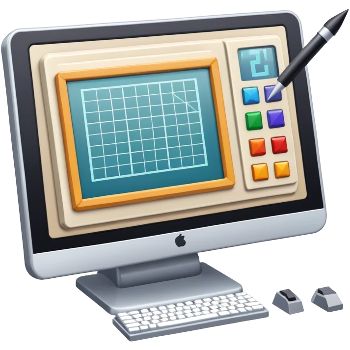 Professional icon for Game Design: computer screen with game interface, 3D models, pixel art, and design tools like grid, wireframe, and stylus. Symbolizes the technical and creative process of game development. Transparent background. emoji