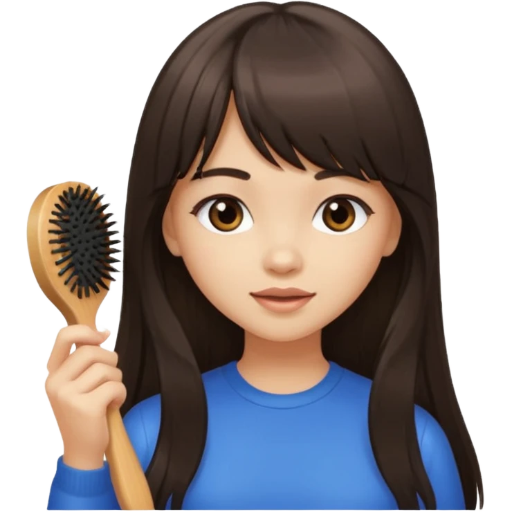 a girl with light skin and dark brown long hair with bangs who is brushing her hair emoji