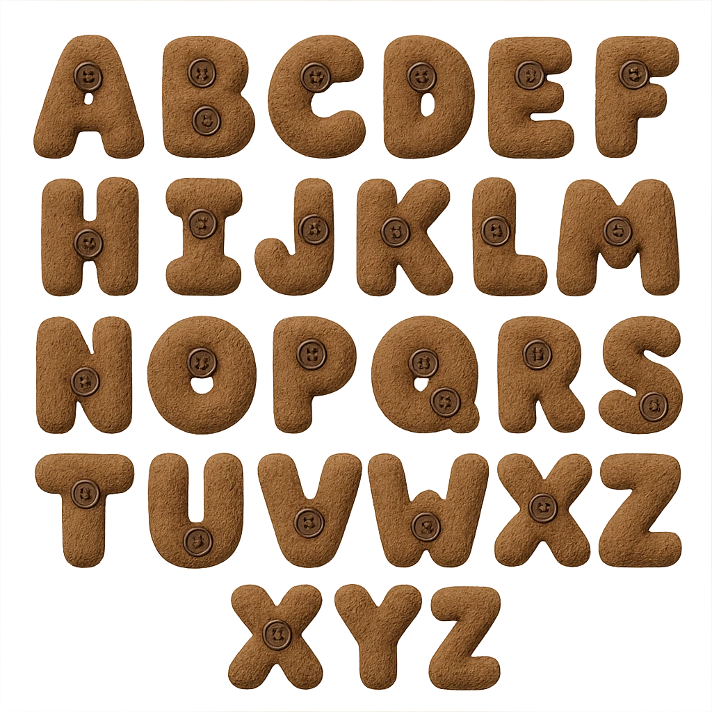 brown plush English alphabet, letters with button eyes, soft texture emoji