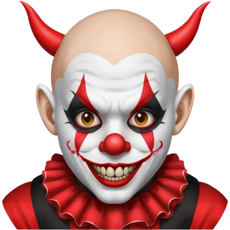 Crea un payaso que tenga toda la parte de la cara pintada de blanco que también de blanco esté la calva que no tenga pelo que tenga unas orejas como de duende, unos dientes picudos, unos cuernos de color negro y un traje de payaso rojo con negro emoji