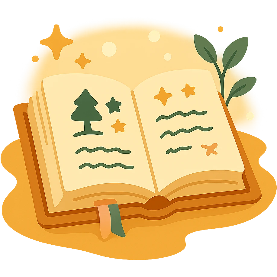 A cute open book lying on a cozy surface, designed in a soft and magical color palette: golden orange (FA9B41), deep forest green (4A7C5C), warm taupe brown (96775A), and pastel peach (FFCC9A). The pages are slightly aged with gentle curves, featuring whimsical illustrations, tiny stars, and elegant handwritten text. The book cover, visible beneath the open pages, has decorative patterns and a ribbon bookmark in peach and green tones. Around the book, add soft light, a few leaves, or glowing sparkles, creating a dreamy, enchanted, storybook-like atmosphere. The overall mood is warm, magical, and gentle emoji