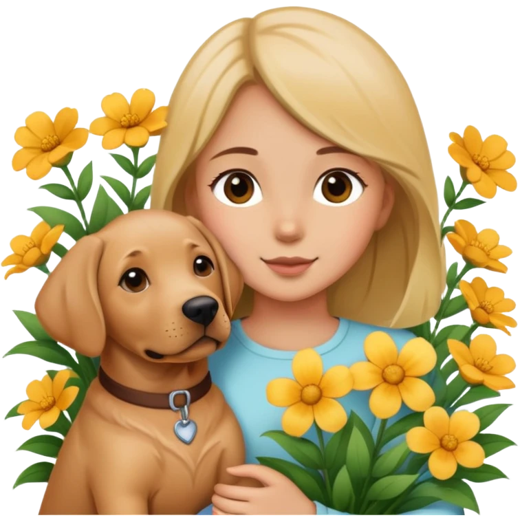 A girl holding a Labrador in the flowers emoji