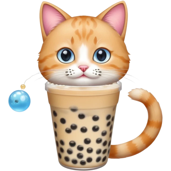 cat drinking bubble tea, cat with boba pearls on whiskers, blue background emoji
