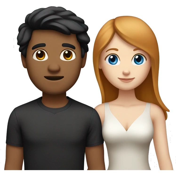 a married couple standing beside eachother, one has pale skin and long straight ginger hair with bangs and blue eyes, the other person is a man that is mexican and has tan skin and straight chin length black hair with brown eyes emoji