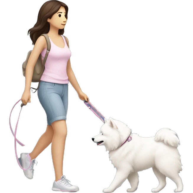 side profile full body view of brunette female with light pink skintone walking one samoyed dog on a leash in the same direction emoji