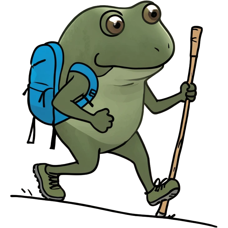 bufo hiking intense uphill with a stick and backpack emoji