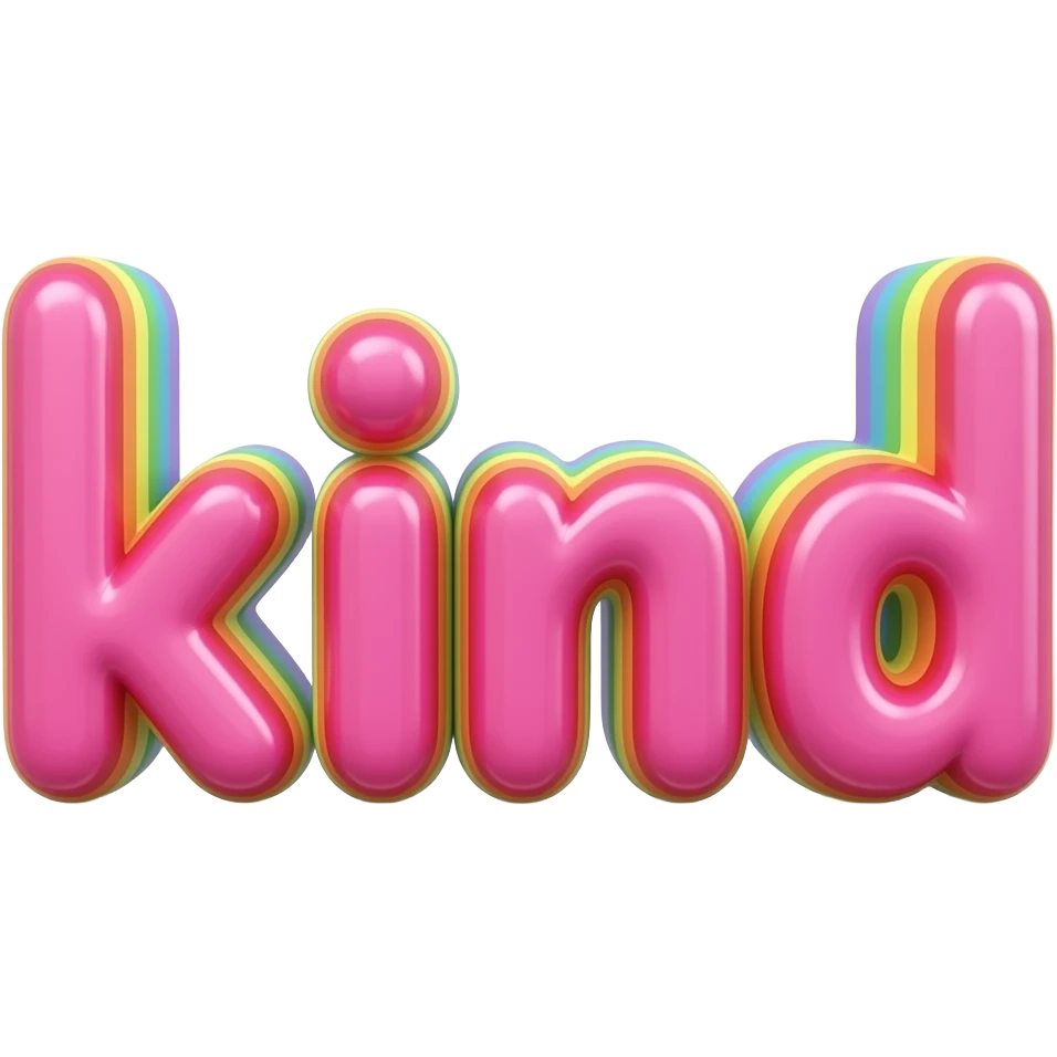 name "be kind" in pink, 3D style typography lettering, each color of the rainbow as a border outlined around each letter, isolated, 3d rendering, no emoji icons no emoji faces and must have no human figures emoji