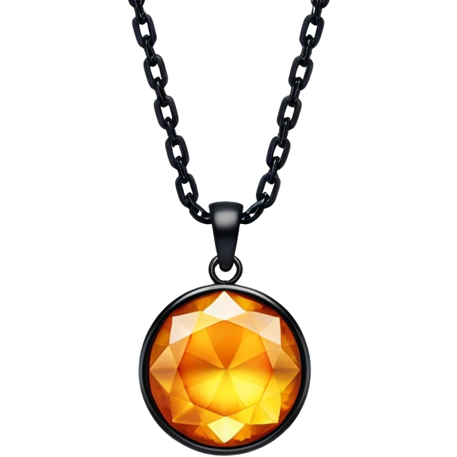extreme close up of a round cut holographic amber charm with black findings and black chain, chain and findings very close to the gem emoji