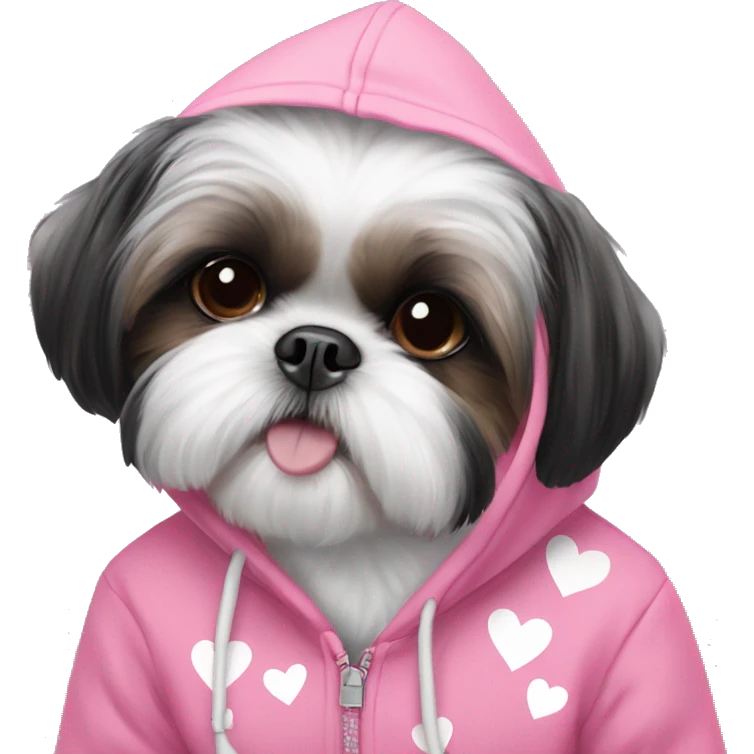 A girl  black and white shih tzu wears a pink hoodie with hearts on it emoji