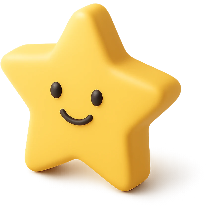 A bright yellow star with a happy face. emoji