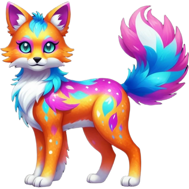 Vibrant multicolored neon-colored Falvie-Fionbri-creature-sparkle-feline-canine-hybrid-fursona, full body emoji