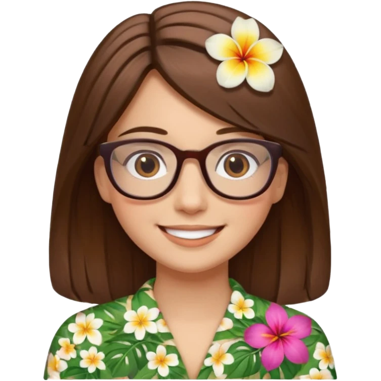 Hawaii female with fair skin. Shoulder length straight brown hair. Brown eyes with glasses. Hawaiian Flower in hair emoji