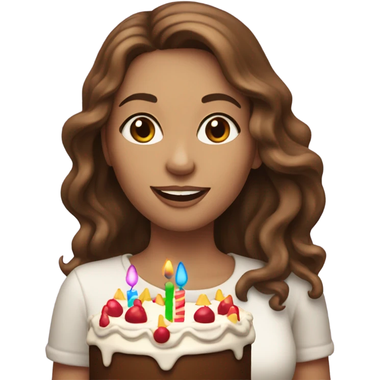 White woman, long hair, brown hair, wavy hair, holding birthday cake emoji