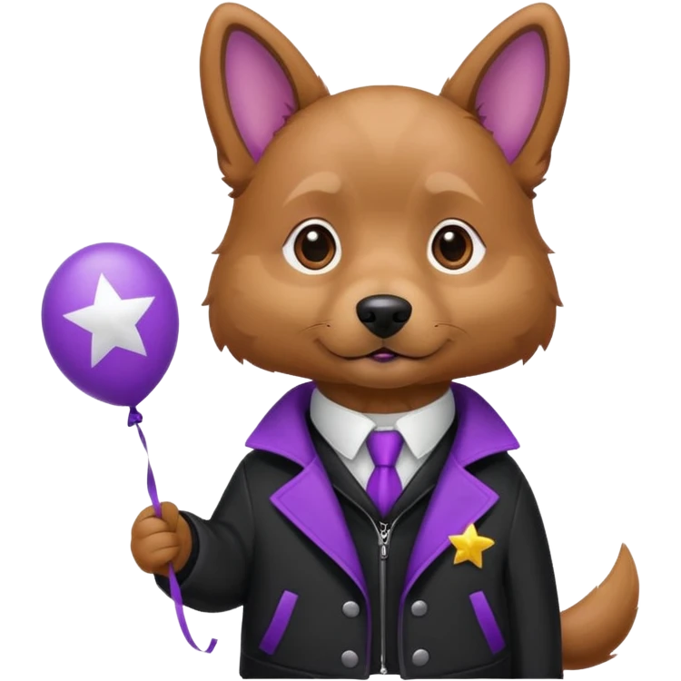 Dog hold purple star shape balloon, black jacket emoji