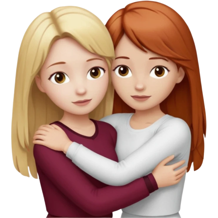two girls who hug eachother. one has auburn hair with blonde highlights and very pale skin , other has medium-fair skin and blonde hair. girl with auburn or dark blonde hair is wearing a white outfit and girl with blonde hair is wearing a burgundy outfit emoji