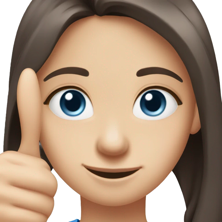 Girl with dark brown long hair, pale skin, blue eyes, light pink top, doing a thumbs up emoji