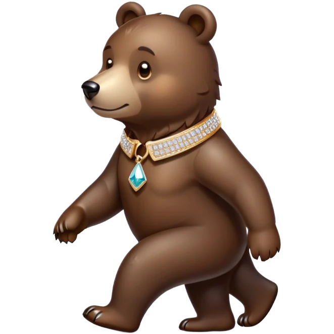 Dark brown bear walking on four paws wearing a luxury diamond-studded collar, shiny gems, minimalist emoji style emoji