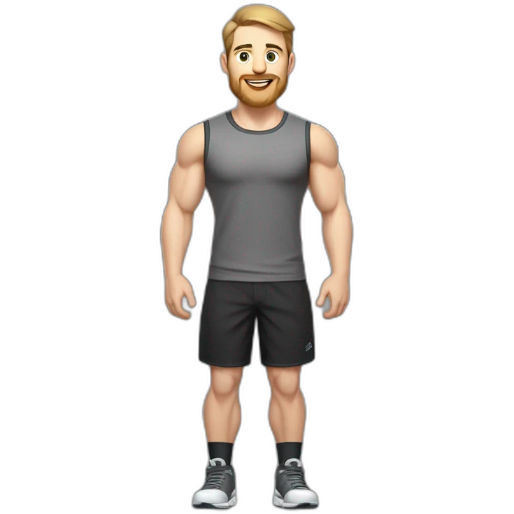 Full height Pale skinned fit man With biceps, Realistic eyes and mouth, light brown hair and stubble In dark gray sleeveless mike, black oversize sports shorts, watch and white sneakers. emoji