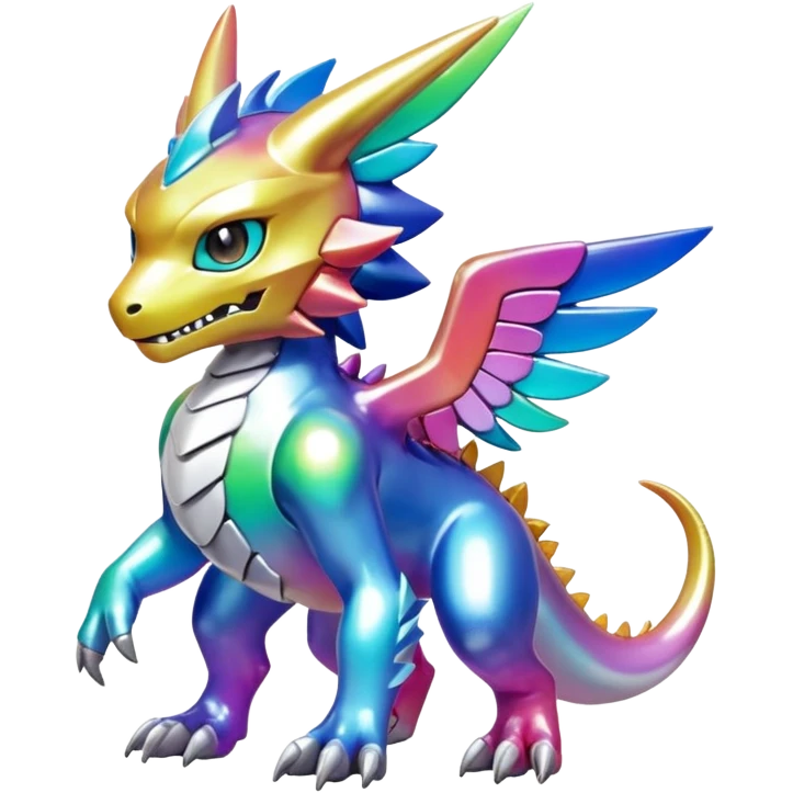 white iridescent colorful metallic alloy gradient shiny glossy Fakémon-Digimon-creature-hybrid (full body) emoji