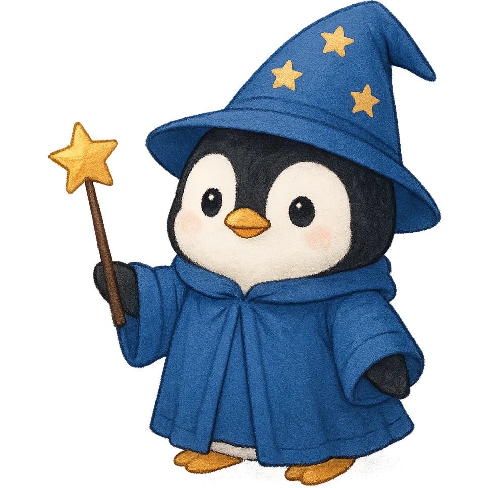 cute penguin wizard with a star-tipped wand, blue robe emoji