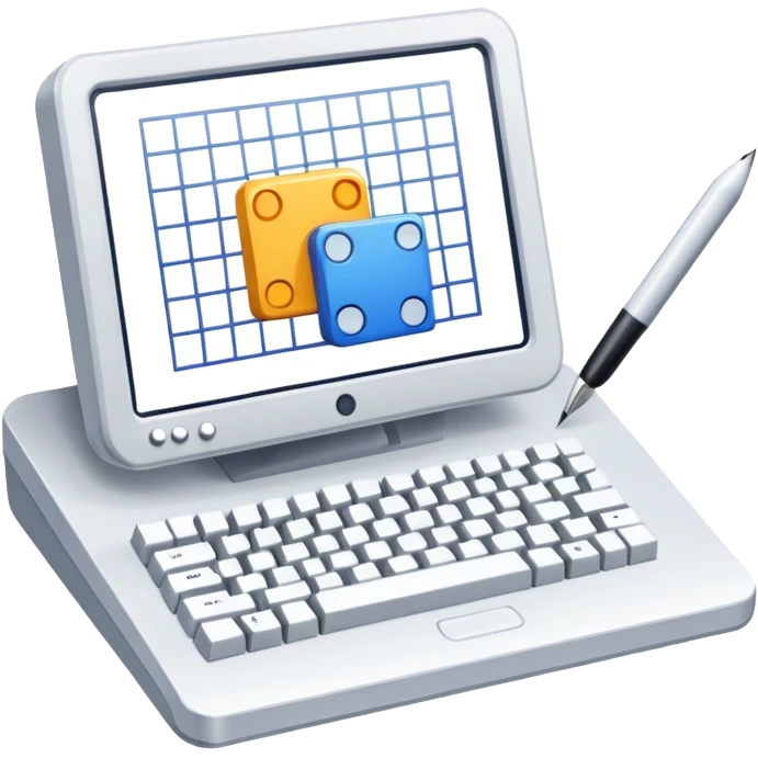 Professional icon for Game Design: computer screen with game interface, 3D models, pixel art, and design tools like grid, wireframe, and stylus. Symbolizes the technical and creative process of game development. Transparent background. emoji