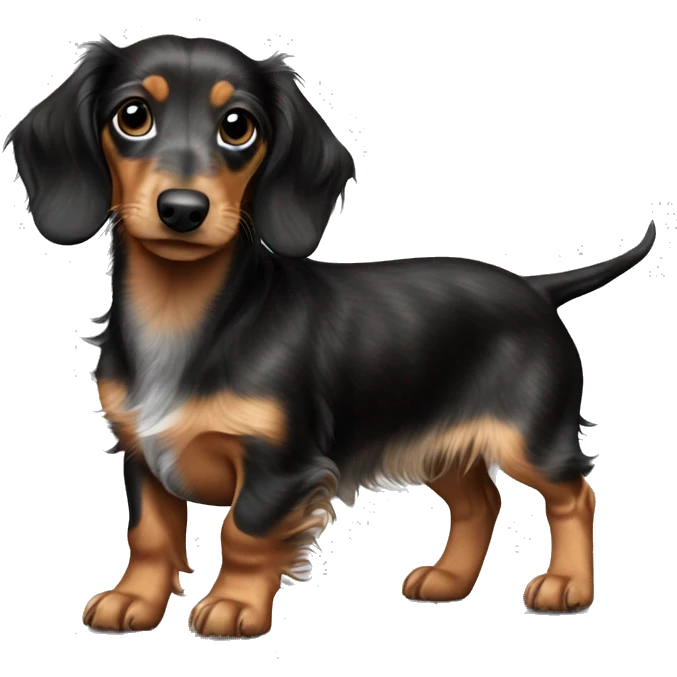 Tri Merle long haired Dachshund puppy full body emoji